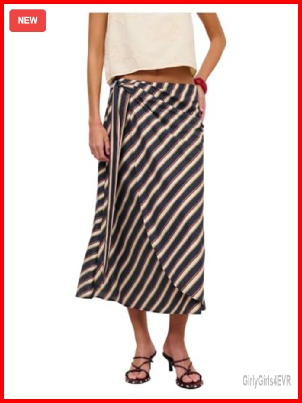 Striped Midi Skirt Wrap Tie Waist Split Flared Hem Casual Vacation